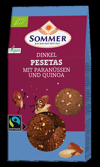 Feine Dinkelgebäck Cookies von Sommer mit Quinoa aus Bolivien, Kakao aus der Dominikanischen Republik und Paranüssen aus Peru.