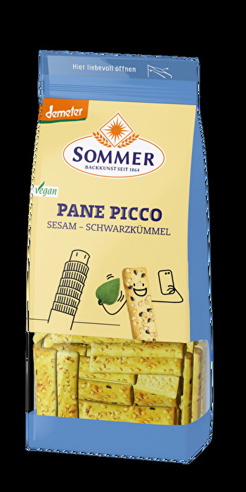 Das Pane Picco Sesam-Schwarzkümmel und feine Kräuter der Provence verleihen diesem Dinkel-Brotgebäck von Sommer sein nussig würziges Aroma.