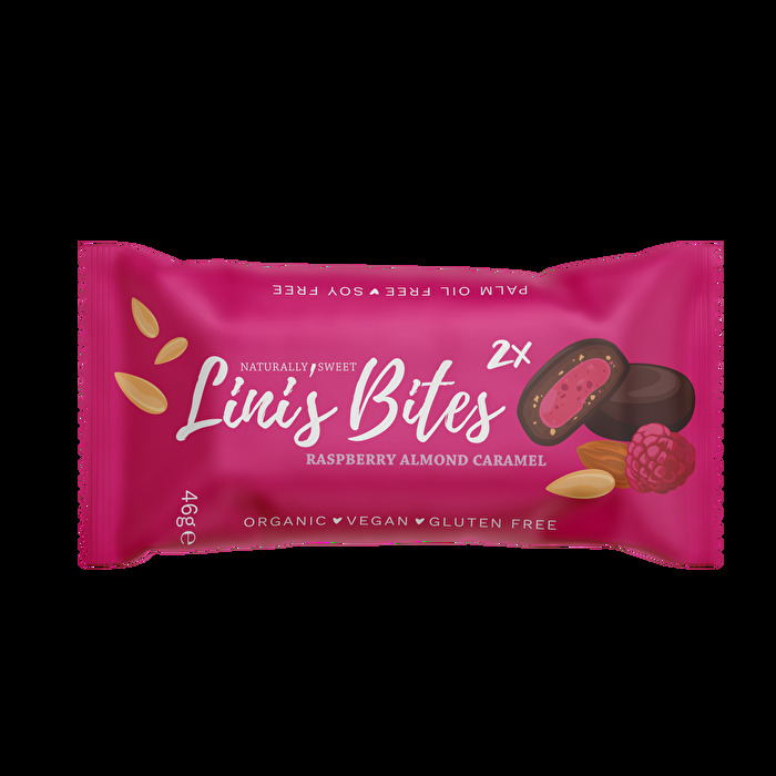 Lini’s Bites Raspberry Almond Caramel Pralinis sind zwei beerig-schokoladige Geschmacksexplosionen - köstlich als kleine Auszeit zwischendurch, Mitternachtssnack oder beim Wandern.