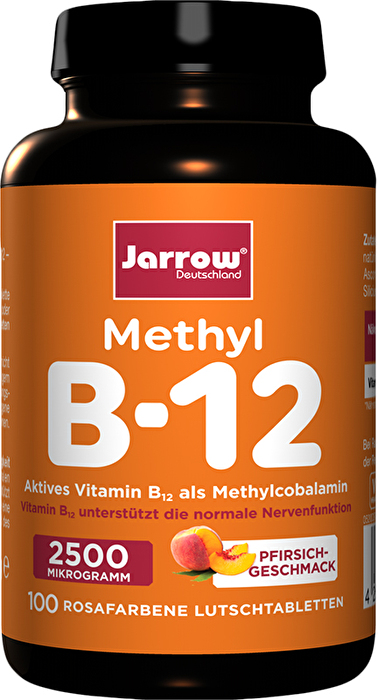 Deinen Vitamin B12 Gehalt im Körper kannst du hier in Form von Lutschtabletten mit Pfirsichgeschmack von Jarrow auffüllen.