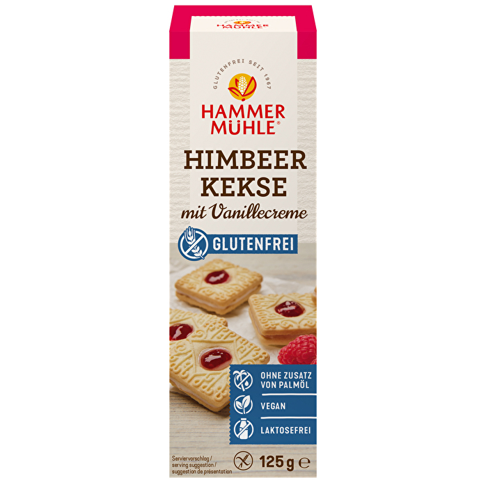 Diese feinen Himbeerkekse mit Vanillecreme von Hammermühle vereinen eine fruchtige Himbeerfüllung mit einer samtig-zarten Vanillecreme und knusprigem Keks.