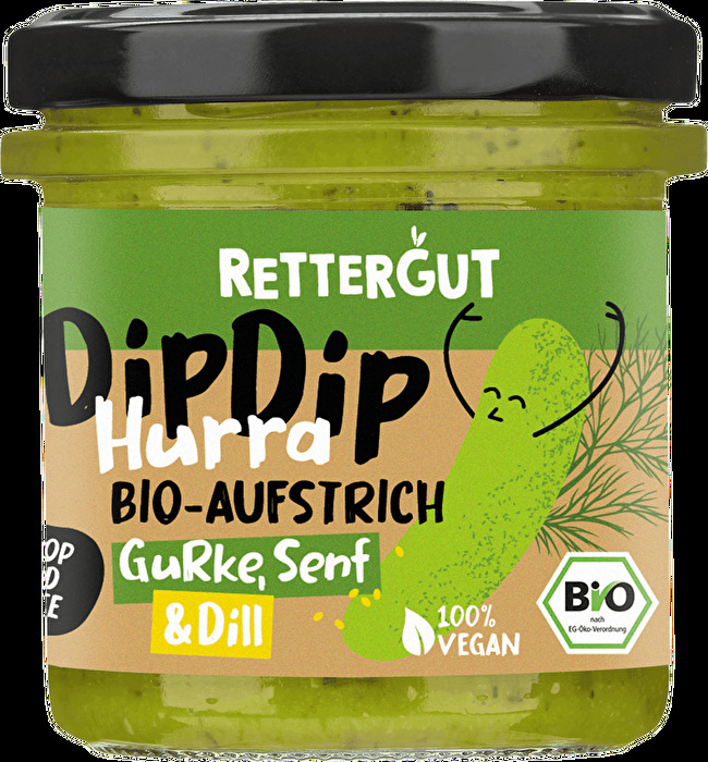 DipDip Hurra! Der Bio-Aufstrich Gurke, Senf & Dill von Rettergut feiert das krumme Gemüse, das zu unperfekt für den klassischen Markt ist.