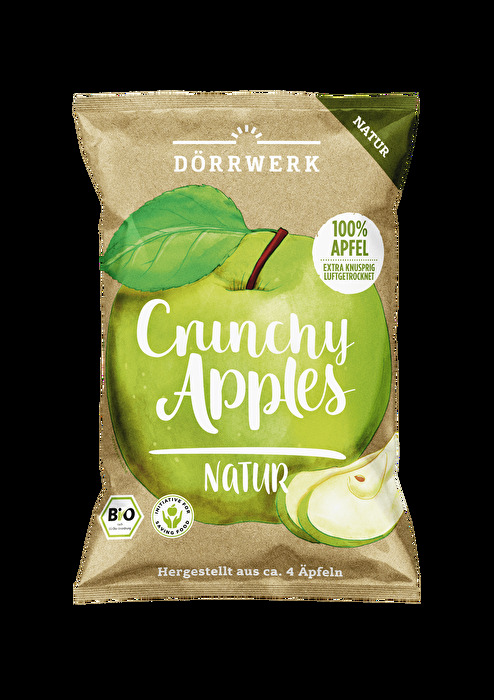 Bio-Crunchy Apples Natur von Dörrwerk verfeinern als knuspriges Topping Dein Müsli, geben Dir einen kleinen Energieboost zwischendurch oder begleiten Dich als fruchtig-süßer Snack durch Deinen Lieblingsfilm.