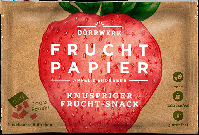 Dörrwerk's zartschmelzendes Fruchtpapier Erdbeere & Apfel in kleiner Größe: Die Pocket Size passt wunderbar in jede noch so kleine Tasche und ist der perfekte Snack für zwischendurch.
