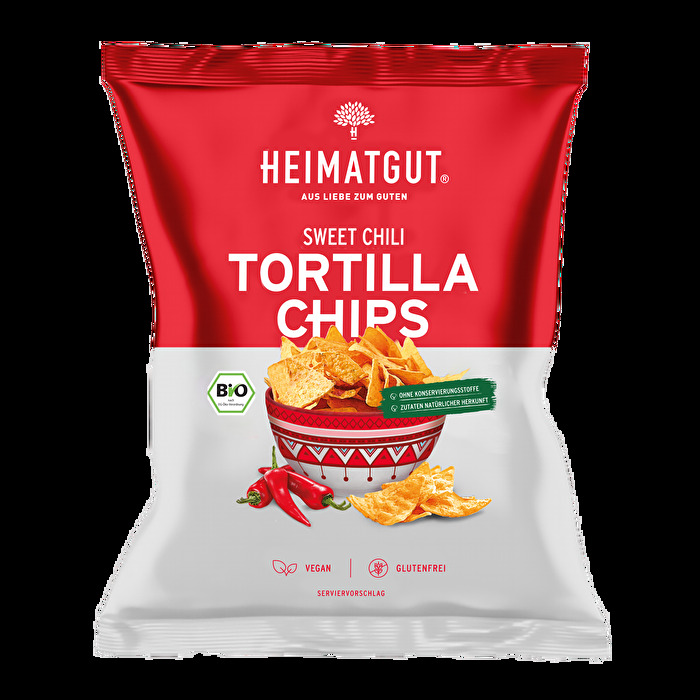 BIO Tortilla Chips Sweet Chilli von Heimatgut sind nicht nur unglaublich köstlich und knusprig, sie kommen dabei auch noch ohne künstliche Aromen und Zusatzstoffe aus.