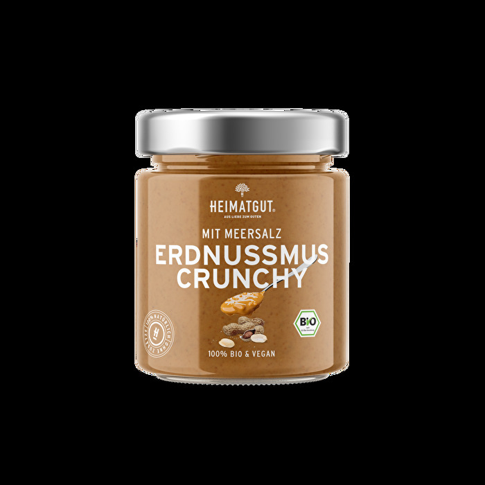 Samtig cremiges Erdnussmus Crunchy von Heimatgut - der Klassiker unter den Nussmusen schmeckt köstlich intensiv und besteht aus schonend gerösteten Erdnüssen in Bio-Qualität.