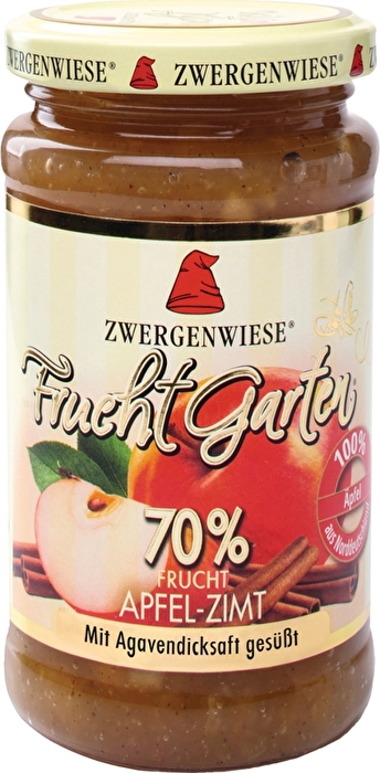 Der Fruchtgarten-Aufstrich Apfel Zimt von Zwergenwiese besteht zu satten 70% aus erlesenen, sonnengereiften Früchten.