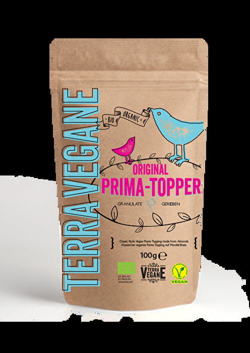 Den PRIMA-TOPPER: Original von Terra Vegane kannst du dir wie Parmesan über deine liebsten Pastagerichte streuen.