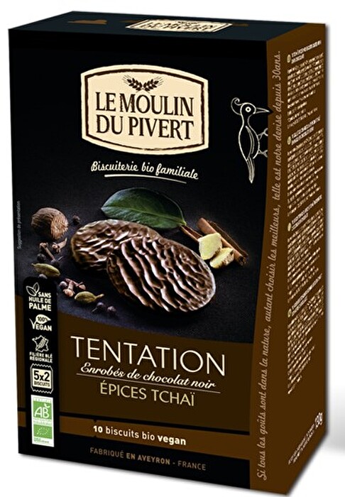 Die französischen Tentation Gewürzkekse aus Zartbitterschokolade tragen feinste Chaï - Aromen, die Dir gemeinsam mit der zartschmelzend-edlen Schokolade auf der Zunge zergehen werden.