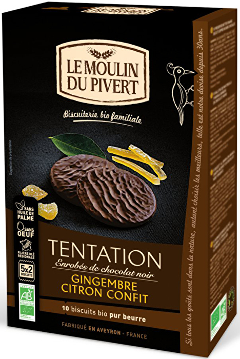 Die edlen Tentation Zitronen-Ingwer-Kekse der französischen Marke Le Moulin du Pivert sind von zarter dunkler Schokolade umhüllt.