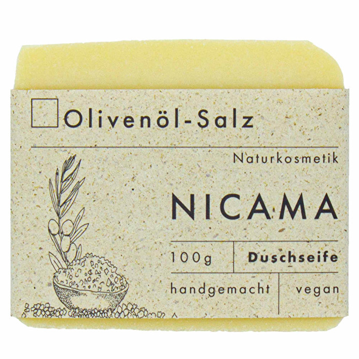 Die NICAMA Olivenöl-Salz Seife ist eine nachhaltige Alternative zum herkömmlichen Duschgel.