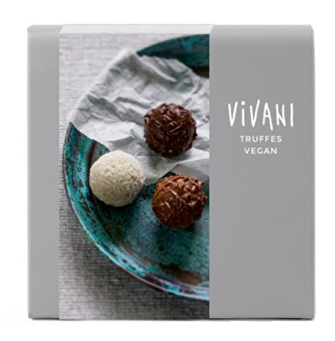 Die veganen Truffes von Vivani enthält drei verschiedene Sorten erlesener, schokoladengetauchter Pralinen mit Trüffel-Crèmefüllung