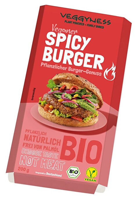 Der Vegane Spicy Burger von veggyness ist saftig und hat Biss wie ein amerikanischer Beef-Burger.