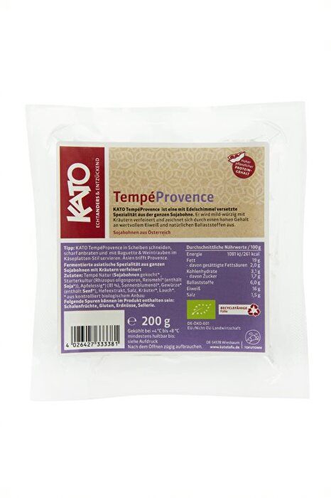 Der Tempé Provence von Kato besticht durch seine geschmacklich dezente Auswahl an frischen Kräutern, die dem Tempeh einen sehr angenehmen Geschmack verleihen.