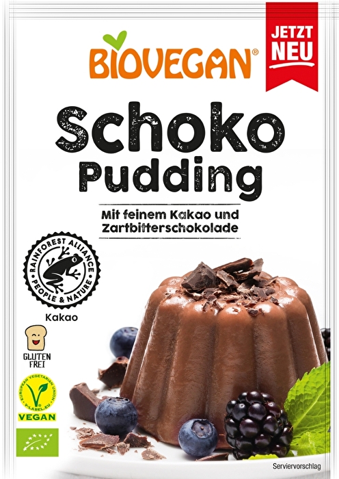 Der Biovegan Schoko Pudding entfaltet sein feines Aroma durch extra viele Zartbitter-Schoki-Raspeln und einen zarten Hauch von Himalayasalz.