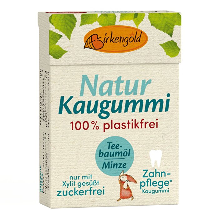 Der Natur Kaugummi Teebaumöl Minze von Birkengold besteht zu 100% aus nachwachsenden Rohstoffen und ist erdölfrei.