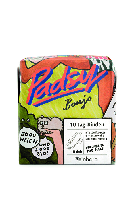Die Tag-Binden Padsy Bonjo von Einhorn bestehen zu 82% aus Bio-Baumwollflausch und zu 18% aus Mater-Bi, ein Material, das in den Einhorn Binden das Plastik ersetzt.