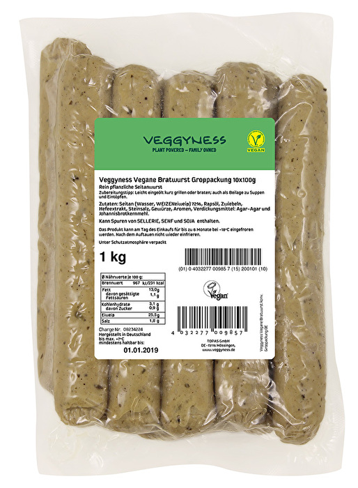 Herrlich knackig, herrlich saftig und herrlich aromatisch schmeckt die Vegane Bratwurst Konventionell von Veggyness, die hier für besonders viel Grillspaß im Großpack daherkommt.