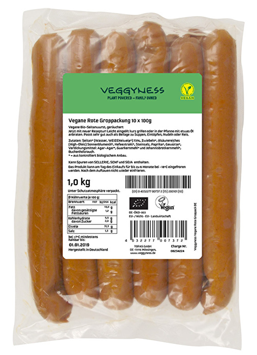 Die Vegane Rote von veggyness im Großpack (10 x 100g). Die Veganen Roten bestechen durch eine leichte Rauchnote und eignen sich wunderbar für Pfanne und Grill.