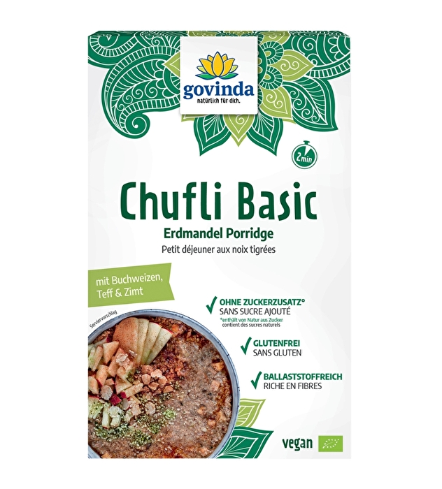 Der Chufli Basic - Erdmandel Porridge von Govinda kombiniert den beliebten Geschmack von Apfel und Zimt mit feinen Trockenfrüchten und aromatischen Saaten.