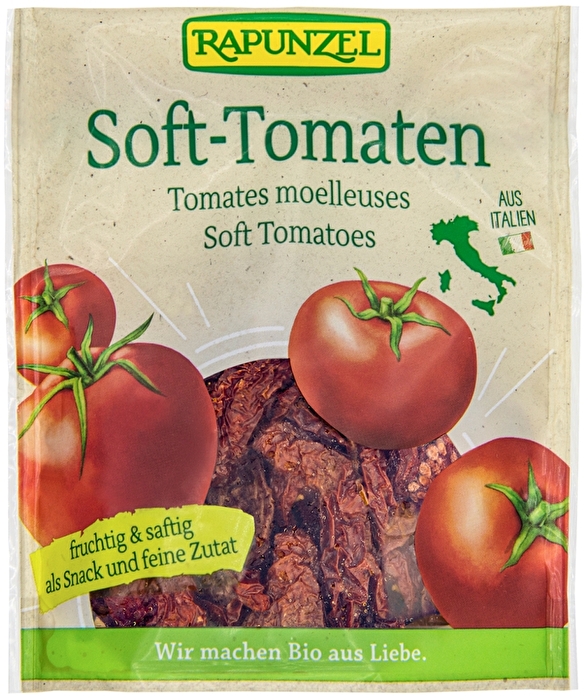 Die Soft Tomaten von Rapunzel werden schonend getrocknet und durch ein heißes Wasserbad gesoftet.