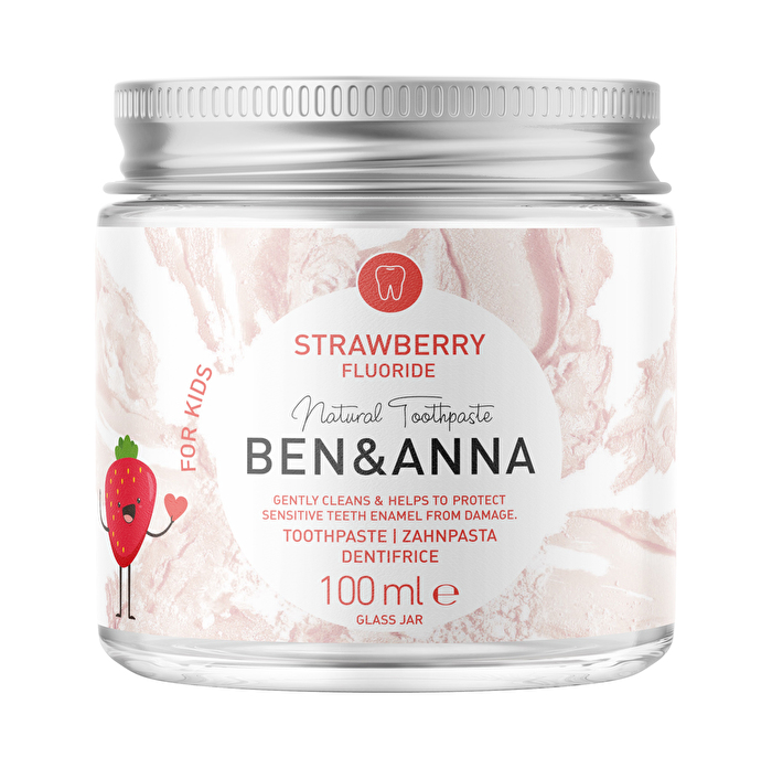 Die Zahncreme Strawberry for Kids Fluoride von Ben & Anna ist eine natürliche Zahncreme mit Erdbeergeschmack und Aloe Vera.