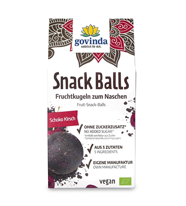 Die Snack Balls Schoko Kirsch von Govinda vereinen fruchtige Sauerkirsche und köstliche Schokolade