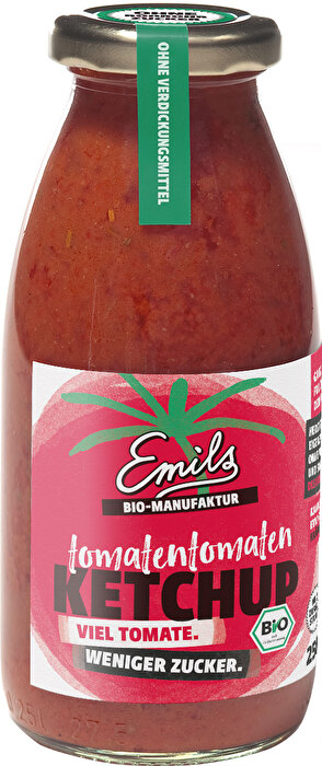 Emils Tomaten Ketchup hat einen Tomatenanteil von satten 80% mit nur 12% Gesamtzucker - das macht ihn bestimmt zum tomatigsten Ketchup den du je probiert hast!