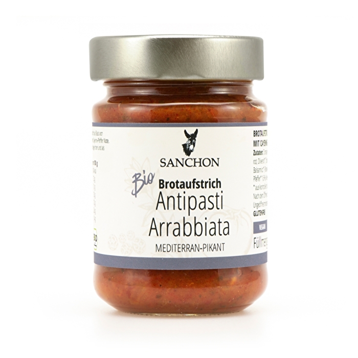 Der Antipasti Aufstrich Arrabbiata von Sanchon ist ein feiner veganer Brotaufstrich auf Basis von sonnengereiften Tomaten mit pikanter Cayenne-Pfeffer Note.