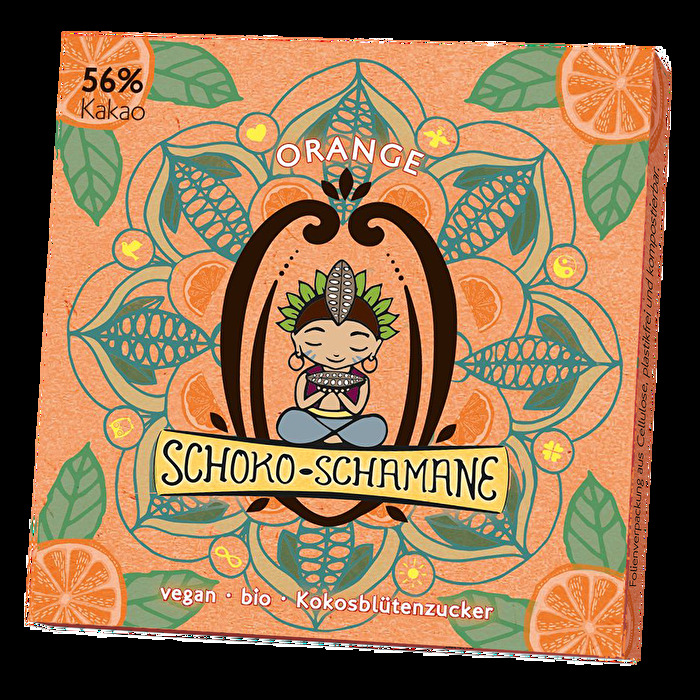 Schoko Schamane Orange von mind sweets ist eine hochwertige milde Zartbitter-Schokolade mit Kokosblütenzucker und einem Hauch von Orangenschale.