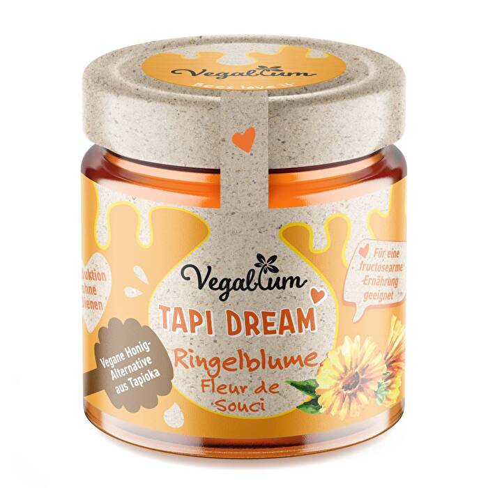 Die neue Sorte Tapi Dream des veganen Honigs von Vegablum nutzt die Süße der Maniokwurzel und verfeinert diese mit Ringelblume und Zitronenmelisse.