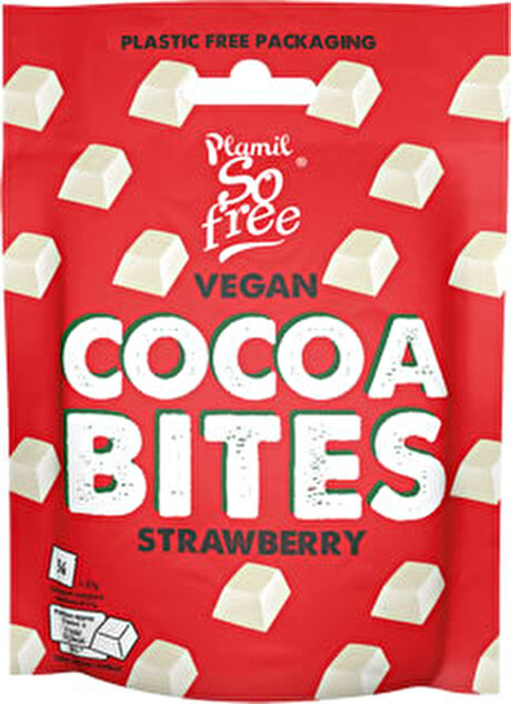 So Free Strawberry White Cocoa Bites - Weißes Erdbeer-Konfekt von Plamil schmeckt zartschmelzend-schokoladig und erdbeerig-fruchtig zugleich.