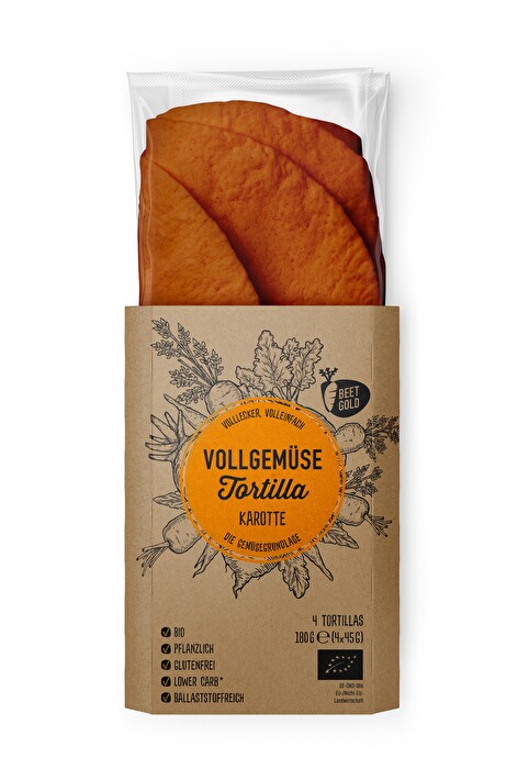 Die farbenfrohen Bio Vollgemüse Karotten Tortillas von Beetgold bringen dir den Frühling auf den Teller.