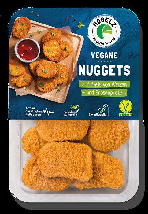 Die neuen veganen Nuggets von Hobelz Veggie World auf Weizen- und Erbsenproteinbasis mit knusprigen Mantel sind da.