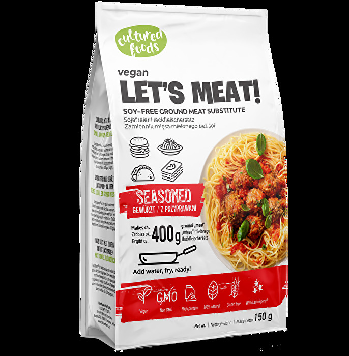 Der gewürzte °Let's Meat° Hackfleischersatz als Fertigmischung von cultured foods ist besonders für alle geeignet, die eine Sojaunverträglichkeit haben.