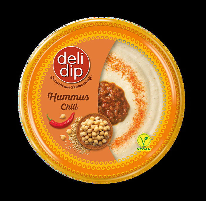 Hummus Chili von delidip wird nach einem authentischen Rezept hergestellt. Es heizt schön ein mit einer feurigen Gewürzpaste aus rotem Chili.