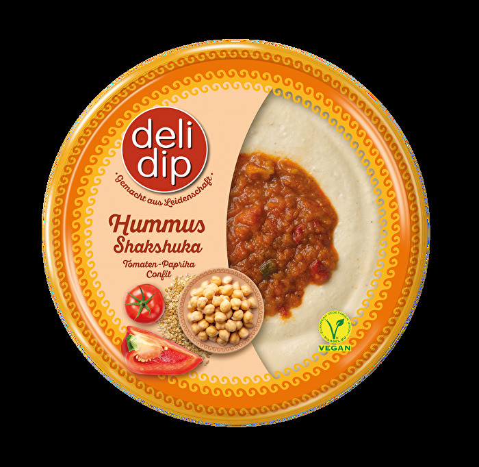 Der Hummus Shakshuka von DeliDip ist das perfekte Zusammenspiel von würzigem Hummus mit fruchtiger Tomaten-Paprika Sauce.