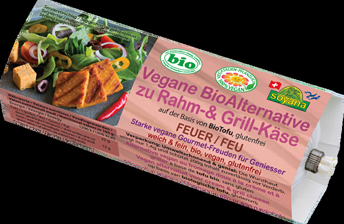 Die vegane BioAlternative zu Rahm- & Grill-Käse °Feuer° von Soyana ist für alle, die es beim Grillen gerne ein bisschen schärfer mögen.