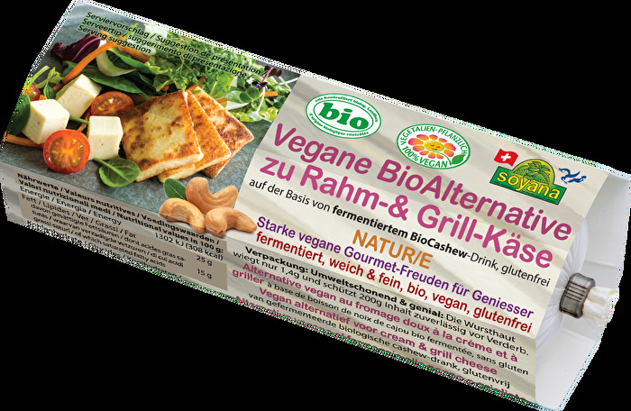Die Vegane BioAlternative zu Rahm- & Grill-Käse °Natur° von Soyana besteht zu 71% aus fermentiertem Cashewnuss-Drink und ist damit frei von Soja.