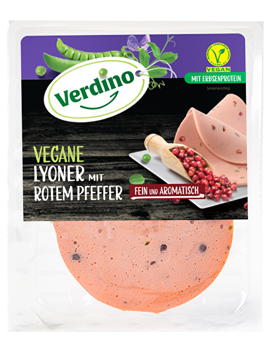 Vervollständigt wird die Reihe der veganen Lyoner von Verdino durch die veganen Lyoner mit rotem Pfeffer.