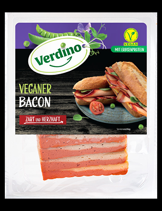 Der vegane Bacon von Verdino aus Erbsenprotein ist der Optik des originalen Bacons perfekt nachempfunden.