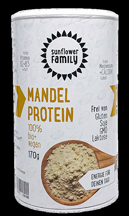 Das Mandelprotein von der SunflowerFamily liefert dir pflanzliches Protein mit köstlichem Geschmack.
