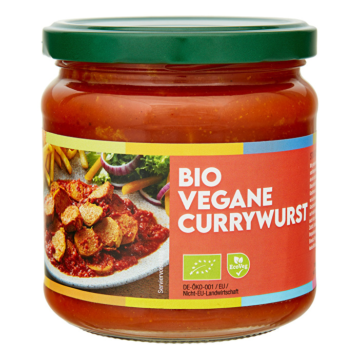 Die Vegane Currywurst im Glas von Viana ist umweltfreundlich im Glas, mit PVC-freiem Deckel und Grasetikett verpackt.