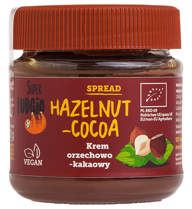 Der Spread °Hazelnut-Cocoa° von Super Fudgio ist ein unglaublich geschmackvoller Haselnuss-Kakao-Aufstrich mit einem Haselnusspasten-Anteil von 12% und fettreduziertem Kakao!