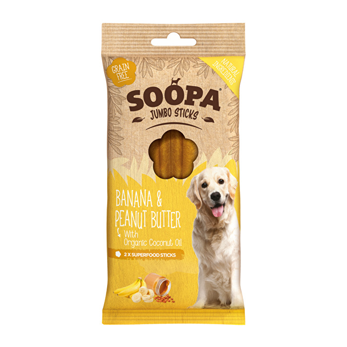 Die Jumbo Sticks Banana & Peanut Butter von Soopa klingen für Menschen mindestens genauso köstlich wie für die Vierbeiner und sind auch noch ein richtiges Superfood, denn sie können das Fell deines Hundes wieder zum Glänzen bringen.