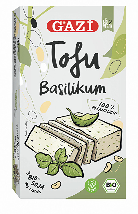 Der Tofu mit Basilikum von GAZI wird aus Bio Sojabohnen traditionell in Italien hergestellt.