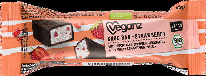 Der Choc Bar Strawberry ist eine fruchtig süße Abwechslung im Schokoriegel Sortiment von Veganz.
