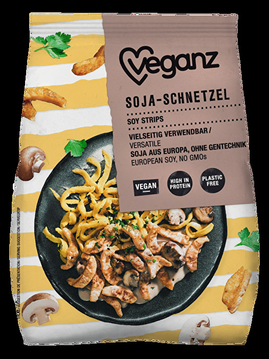 Die Soja-Schnetzel von Veganz eignen sich besonders gut für deftige Speisen wie z.B. Gyros, Geschnetzeltes und Gulasch.