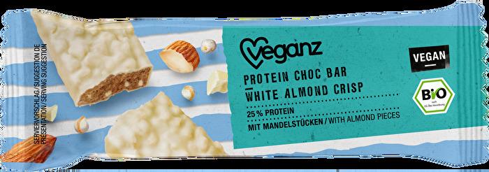 Vegane weiße Schokolade ist immer wieder eine Überraschung und beim Protein Choc Bar White Almond Crisp von Veganz auf jeden Fall eine positive.