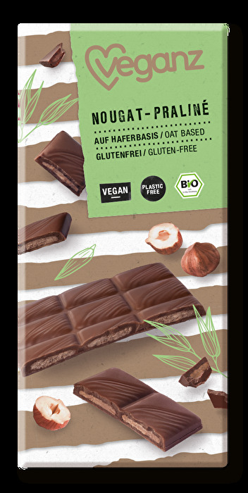 Die Nougat-Praliné Schokolade von Veganz ist die perfekte Verschmelzung aus Nougat und Schokolade.